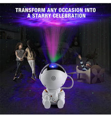 A robot toy projecting starry lights into a room with children playing.