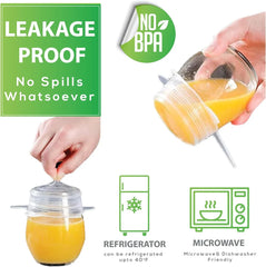 Leakage proof container with a lid being held, showing no spills, and features like 'No BPA' and 'Refrigerator/Microwave friendly'.