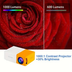 Comparison of lumens between a 1000-lumen and 600-lumen projector on a red rose background.