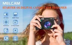 Person holding a digital camera with promotional text about MELCAM starter 4K digital camera for beginners.