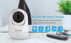 HD WiFi Wireless Camera with smartphone setup text on a blurred office background