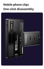 Black electronic device with 'M15' branding on a dark blue background