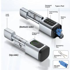 Lock with fingerprint reader and keypad labeled on a white background