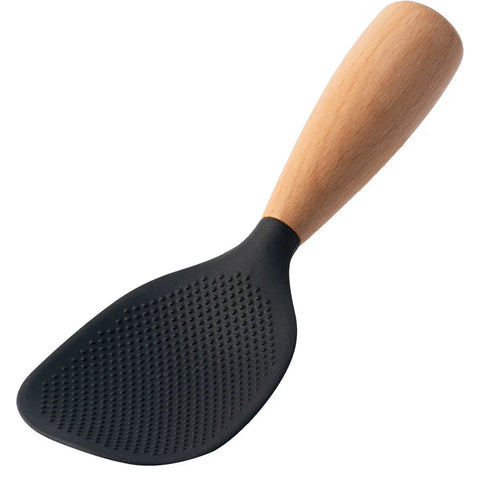 Black spatula with a wooden handle on a white background