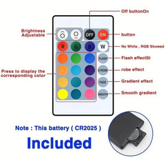 Remote control with color display and effect buttons on a white background