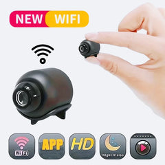 Small black camera with 'NEW WIFI' text, hand holding it, and icons indicating features like Wi-Fi, app, HD, night vision, and recording.