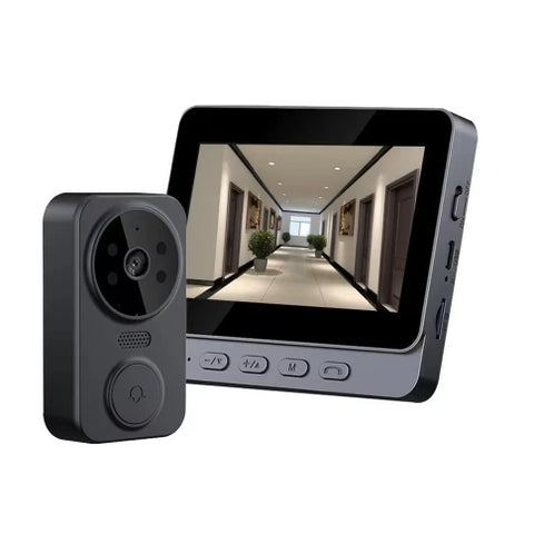 Security camera system with a monitor displaying a hallway.
