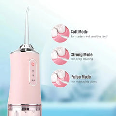 Pink dental water flosser with mode descriptions on a light blue background