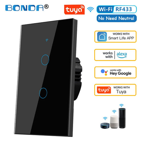 BONDA Tuya WiFi Smart Wall Switch RF433 in black and white, with touch sensor buttons, compatible with Amazon Alexa and Google Assistant, does not require neutral wire.