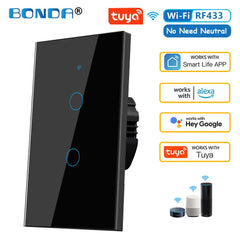 BONDA Tuya WiFi Smart Wall Switch RF433 in black and white, with touch sensor buttons, compatible with Amazon Alexa and Google Assistant, does not require neutral wire.