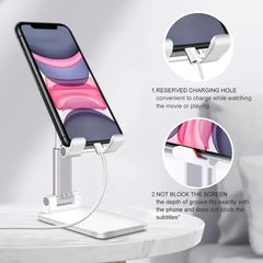 Phone stand with reserved charging hole and clear design on a light gray background