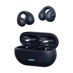 Black wireless earbuds with charging case on a white background