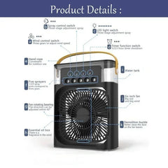 Black handheld fan with labeled features on a white background