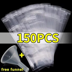 150 clear plastic bags with a free funnel on a black background