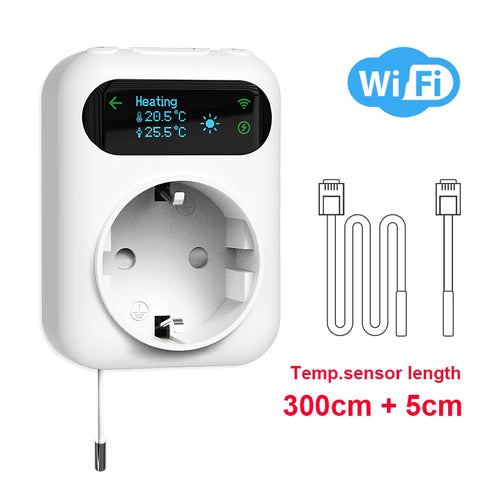 Smart temperature control device with digital display and Wi-Fi symbol on a white background