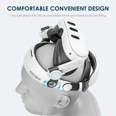 VR headset on a mannequin head with text about comfort and convenience
