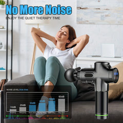 Woman relaxing with a noise machine labeled 'No More Noise' in a home setting.