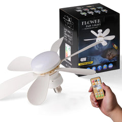 Ceiling fan light with remote control and packaging on a white background
