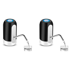 Two black and silver water dispensers with blue lights pouring water into glasses on a white background.