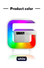 Colorful LED lamp with digital clock on a white background