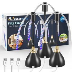 Black fly fans with gold accents in front of their packaging box on a white background