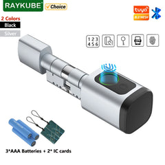 Smart lock with batteries and IC cards on a white background, featuring Raykube and Tuya logos.