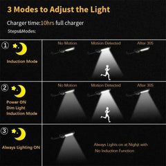 Diagram showing three modes to adjust light with charging time and motion detection features.