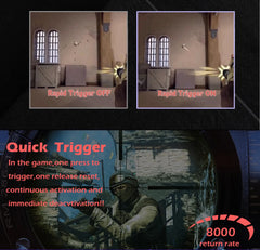 Comparison of 'Rapid Trigger OFF' and 'Rapid Trigger ON' in a video game setting with text and graphics.