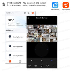 Smart home app interface with security camera monitoring and TuyaSmart branding.