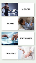 Collage of people labeled as athletes, worker, staff member, and elderly on a white background.
