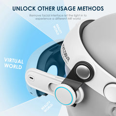 VR headset with text on usage methods and brand name, against a blue and gray gradient background.