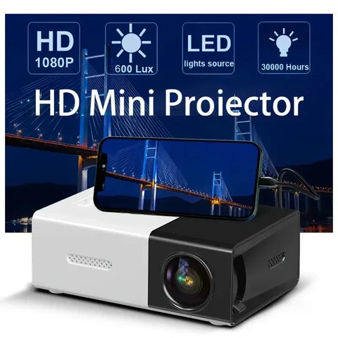 HD Mini Projector with smartphone displaying a bridge image, set against a blue screen with projector specifications.