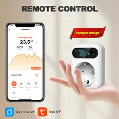 Smart thermostat with smartphone app and compact design on a beige background