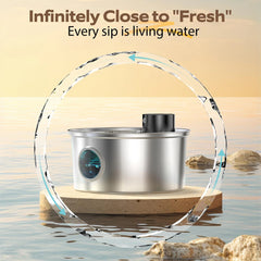 Stainless steel water filter with water droplet effect on a beach background