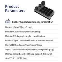 Bluetooth RGB Macro Keyboard – 3 Knobs, 12 Keys, Programmable Mechanical Hotswap Keypad
