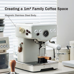 White coffee machine on a kitchen counter with text about creating a family coffee space.