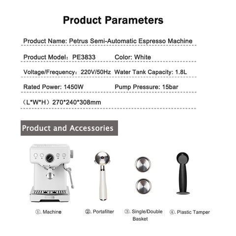 Professional Espresso Coffee Machine by Petrus – 58mm Portafilter, Milk Frother & Steam Wand