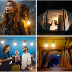 Collage of four scenes: a woman and man in a dimly lit room, people inside a tent, two women with drinks in a room with string lights, and a person sitting inside a tent looking out.